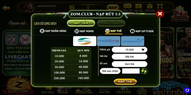 Hướng dẫn nạp tiền Zomclub chi tiết